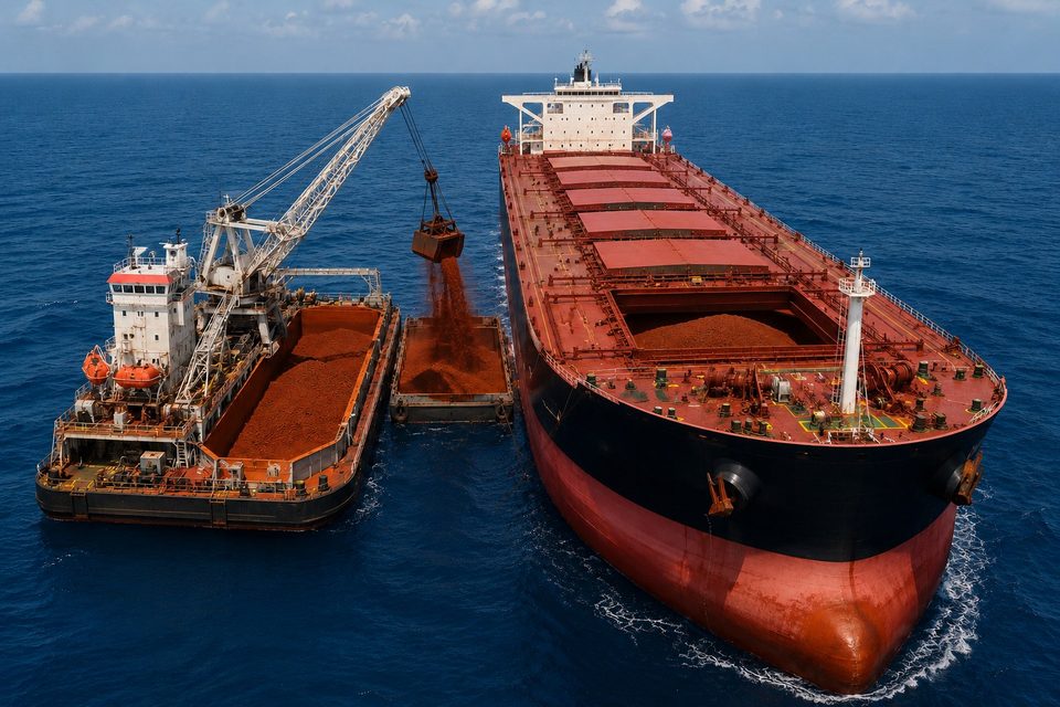 Transbordement de bauxite depuis une barge vers un navire Capesize, au large